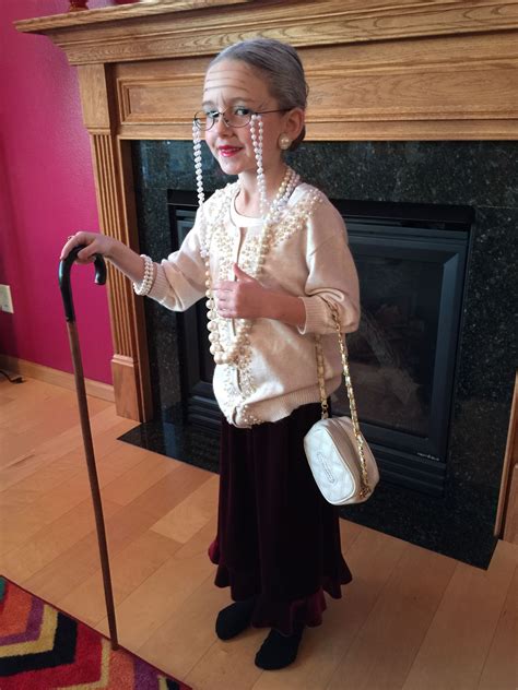 100th Day of School! Old lady makeup, peals, glasses, walking cane, grey hair in a low bun, and ...