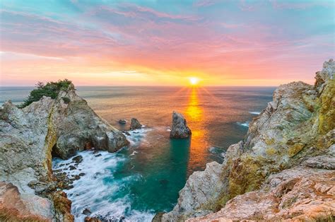 coast, Sunset, Japan, Sea, Clouds, Horizon, Rock, Water, Yellow, Turquoise, White, Landscape ...