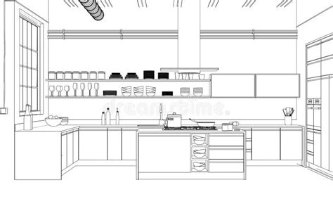 Interior Design Modern Kitchen Drawing Plan Stock Illustration - Illustration of layout, draft ...