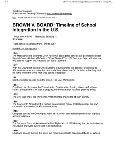 BROWN V. BOARD: Timeline of School Integration in the U.S.