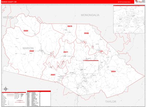 Marion County, WV Zip Code Wall Map Red Line Style by MarketMAPS