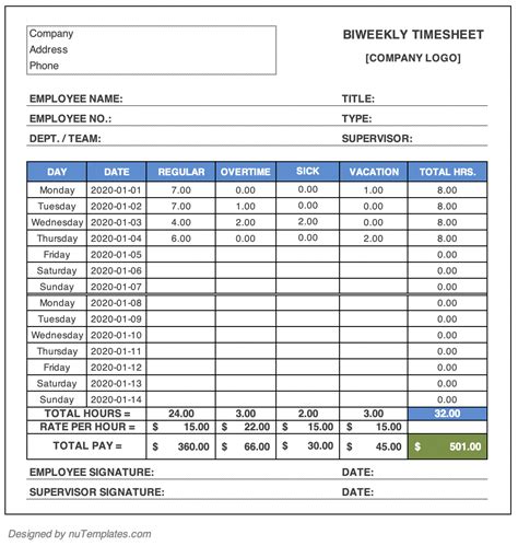 Biweekly Timesheet Template