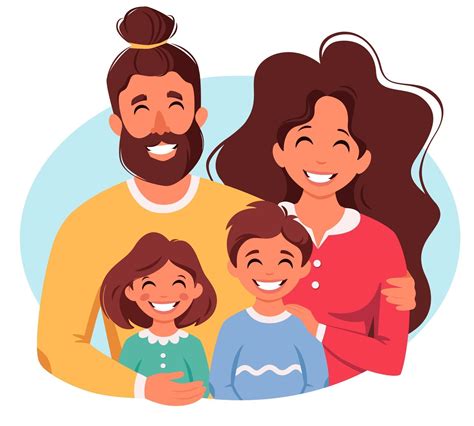 Happy family with son and daughter. Parents hugging children. Vector ...