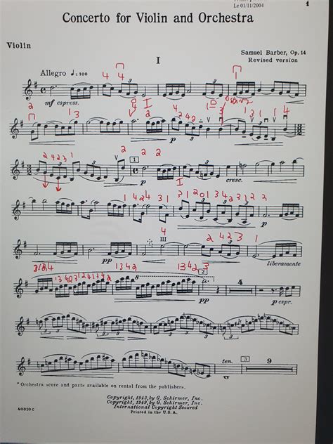 I would appreciate some feedback for my bowing directions and finger's for the Barber Concerto ...