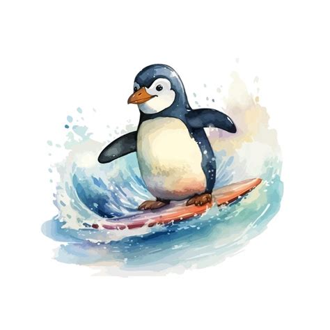 Premium Vector | Playful penguin surfing on ice watercolor art