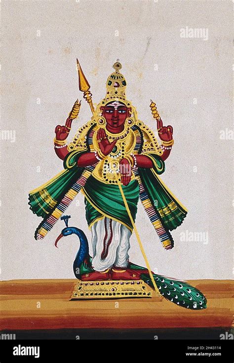 Indra, the god of thunder and rain holding a vajra and a spear. Gouache ...