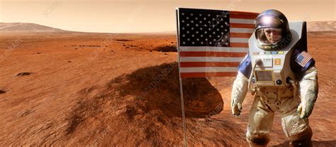 Astronaut on Mars with US flag, artwork - Stock Image - S610/0124 ...