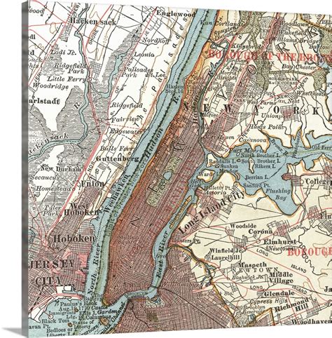 Hudson River and New York - Vintage Map Wall Art, Canvas Prints, Framed ...