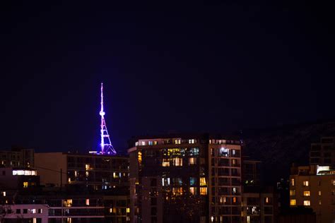 Tbilisi TV communication tower illuminated at night. View Georgia ...