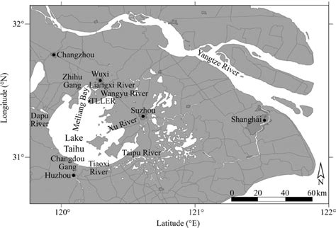 Map of Lake Taihu showing major tributaries and nearby cities. The... | Download Scientific Diagram