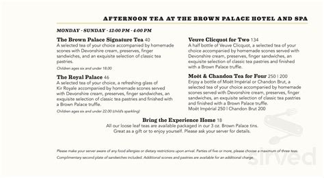 Afternoon Tea at The Brown Palace menu in Denver, Colorado, USA