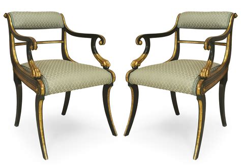 English regency green damask arm chairs