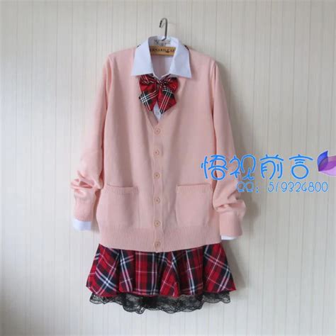 Hot Sweet Women Lolita Japanese School Uniform Pink Sweater Cardigan Latticed JK Uniform Skirt ...