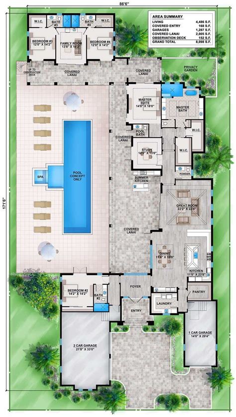 Shaped House Plans Pool Middle And Outdoor Kitchen Courtyard Home ...