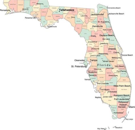 Multi Color Florida Map with Counties, Capitals, and Major Cities