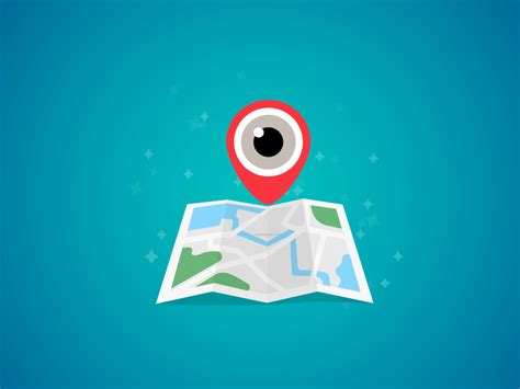 a map with a red pin on it and an eye looking at the viewer from above