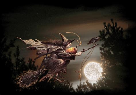 a painting of a witch on a broom flying in the air over trees with a full moon behind her