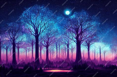 Premium Photo | 2d illustration fantasy of neon forest on beautiful sky ...