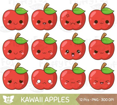 Kawaii Red Apple Clipart, Cute Apples Faces Clip Art, Fruit Cartoon Food Farm Produce Design ...