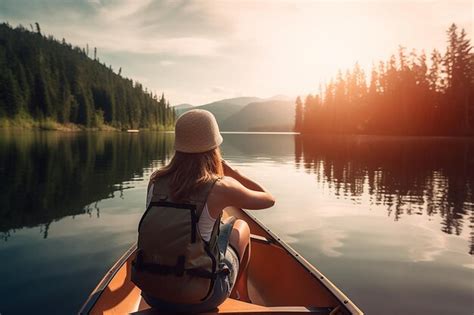 Premium AI Image | an adventure girl kayaking on a lake track in a sunny summer day doing ...