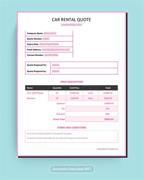 Car Rental Quote Template - PNK – Quote Templates