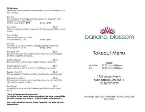 Menu at Banana Blossom restaurant, Minneapolis