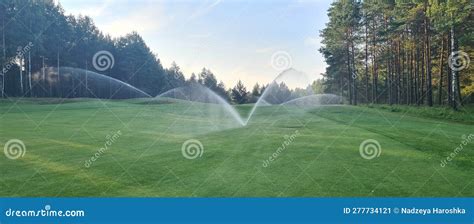 Sprinklers Watering System Working of Green Golf Course Stock Image ...