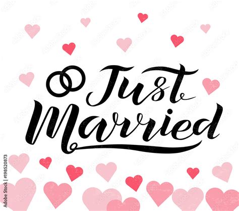 Hand drawn Just married custom lettering text on white background with hearts, vector ...