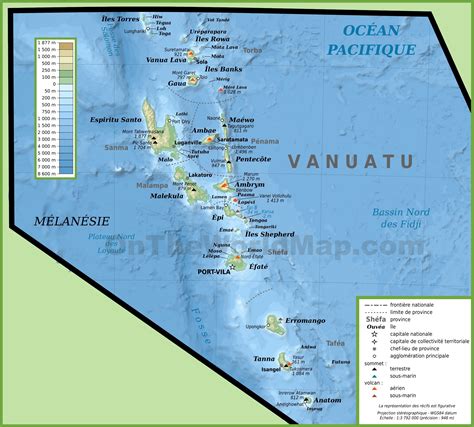 Physical map of Vanuatu islands