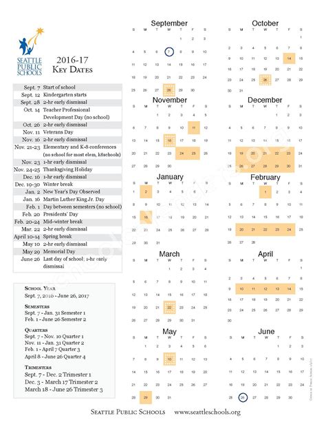 2016 - 2017 Academic Calendar | Seattle Public Schools – Seattle, WA