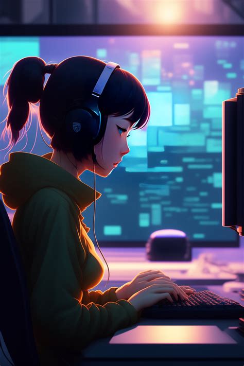 Lexica - cute anime girl programming at a computer lofi