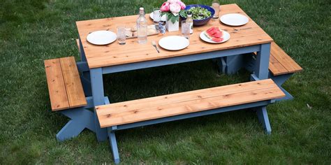 This outdoor picnic table is a package deal. Benches on each side ...