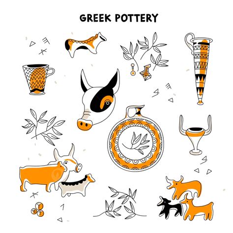 Icon Of Ancient Greek Pottery Animal Vase Pots And Decorations Vector, Bull, Branch, Decorative ...