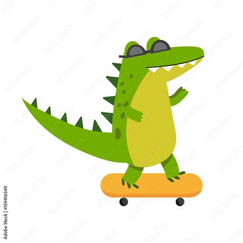 Funny cartoon crocodile character riding skateboard vector Illustration ...