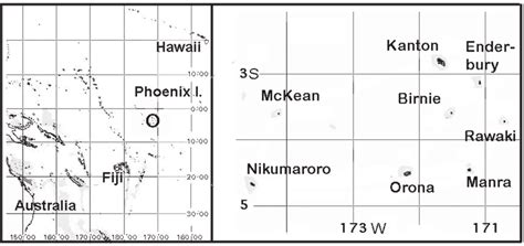 Location of the Phoenix Islands in the central Pacific (left), and map ...