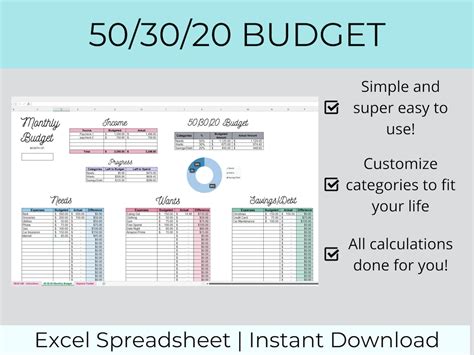 50 30 20 Budget Excel Budget Template 50 30 20 Rule Digital Budget ...