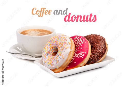 Three donut and cup of coffee isolated Stock Photo | Adobe Stock