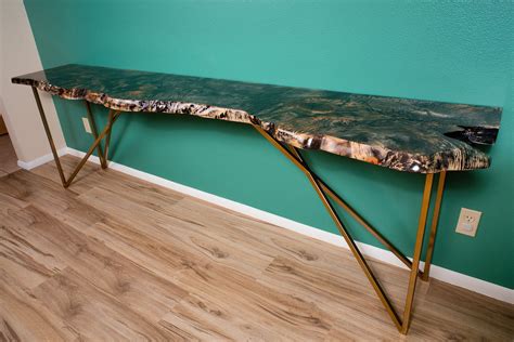 Ebonized Maple Live Edge Console Table with modern geometric gold legs designed and handcrafted ...