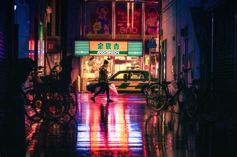 Free picture: bicycle, building, car, city, evening, light, neon, night, umbrella, urban