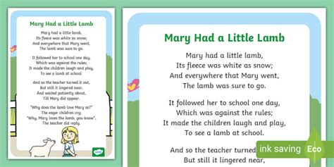 Mary Had a Little Lamb Poster | Nursery Resources - Twinkl