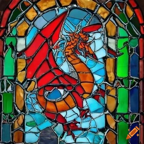 Stained glass window with a dragon design