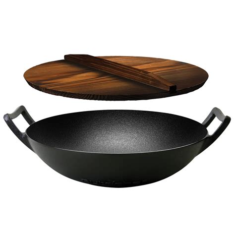 NutriChef Pre Seasoned Cooking Wok Cast Iron Stir Fry Pan with Wooden Lid, Black - Walmart.com ...