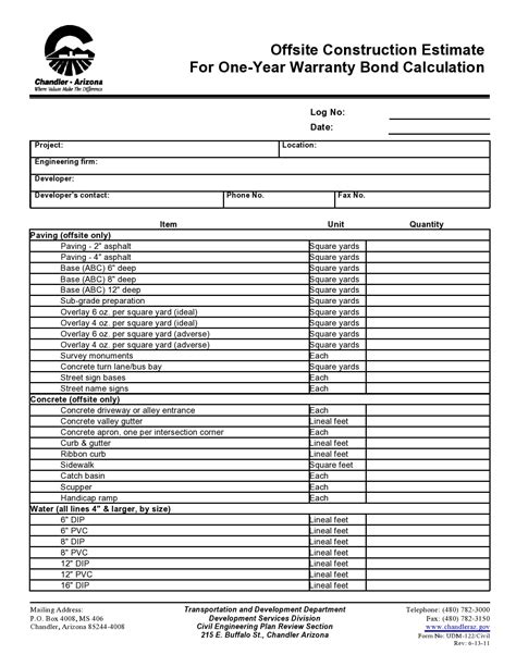 Printable Construction Estimate Template