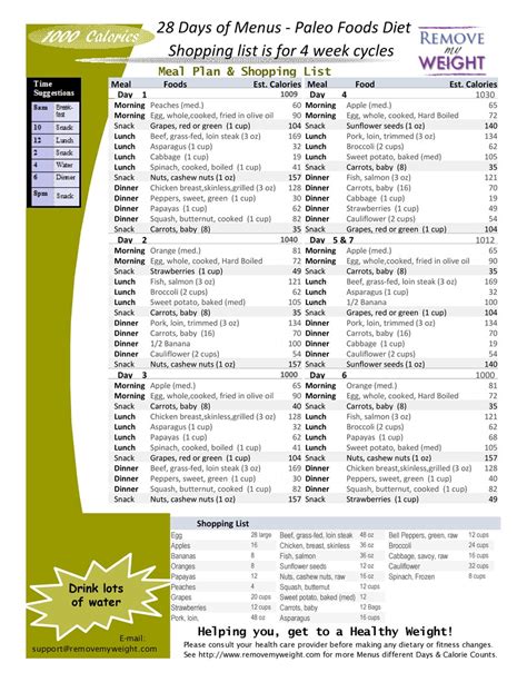 1000 Calories 28 Day Paleo Diet with Shoppong List - Printable - Menu ...