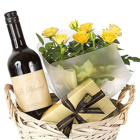Red Wine Gift Basket Yellow Roses delivered next day