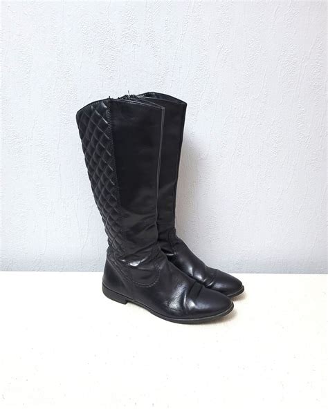 Black Leather Calf Boots / Flat Footwear for Women 38 EU Size / Almond ...