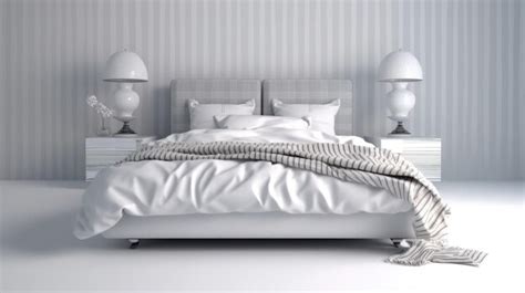 Premium AI Image | A bed with white sheets and a striped wallpaper with ...