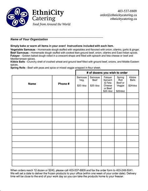 Food Order Form Template Excel