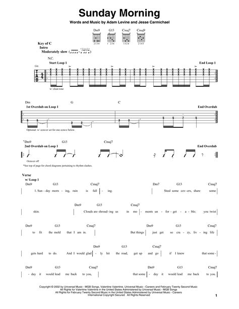 Sunday Morning by Maroon5 - Guitar Lead Sheet - Guitar Instructor