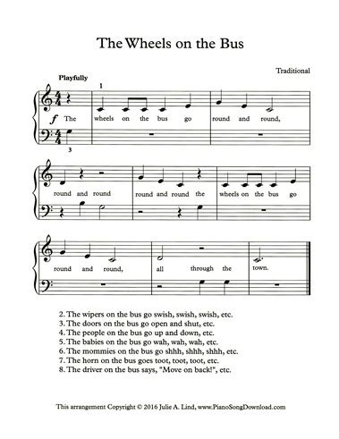 The Wheels on the Bus: easy piano sheet music with lyrics